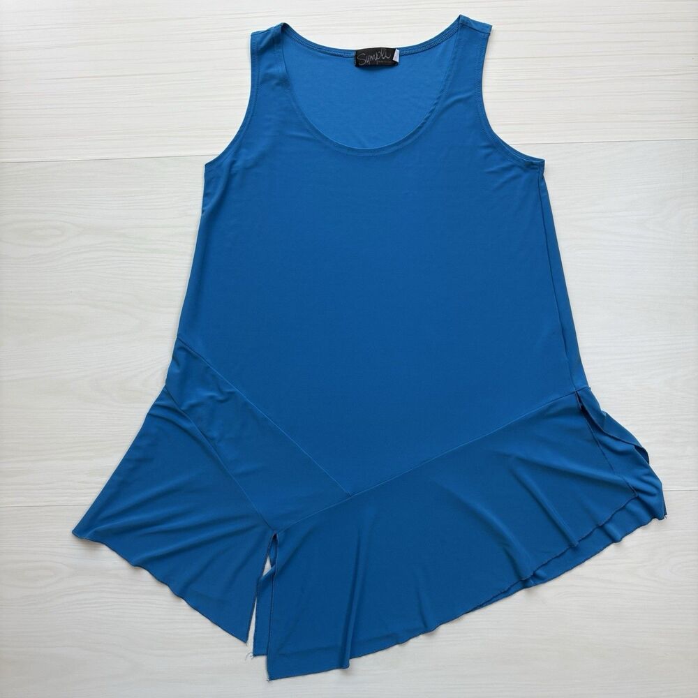 Sympli Tunic Top Women 8 Blue Asymmetrical Sleeveless Signature Jersey Lagenlook